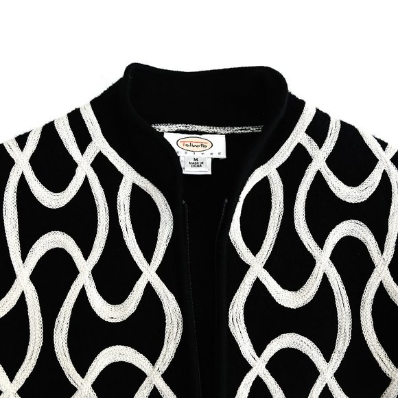 TALBOTS Black Zip Up Wool Sweater Jacket with White Sartouche Braid - Size PM - Picture 12 of 14